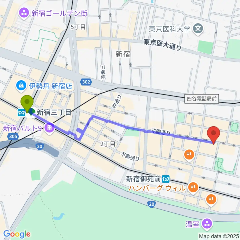 新宿三丁目駅から新宿シアターサンモールへのルートマップ地図