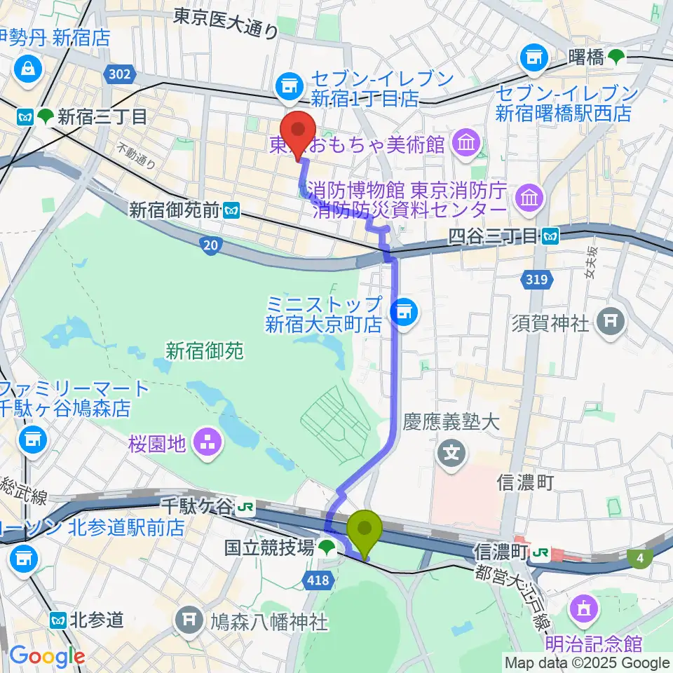 国立競技場駅から新宿シアターサンモールへのルートマップ地図