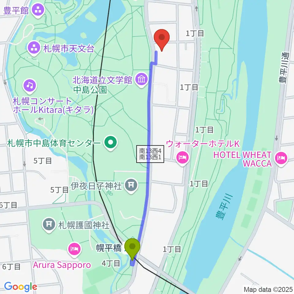 幌平橋駅から扇谷記念スタジオ・シアターZOOへのルートマップ地図