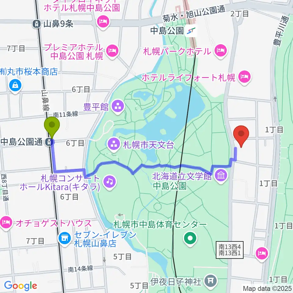 中島公園通駅から扇谷記念スタジオ・シアターZOOへのルートマップ地図