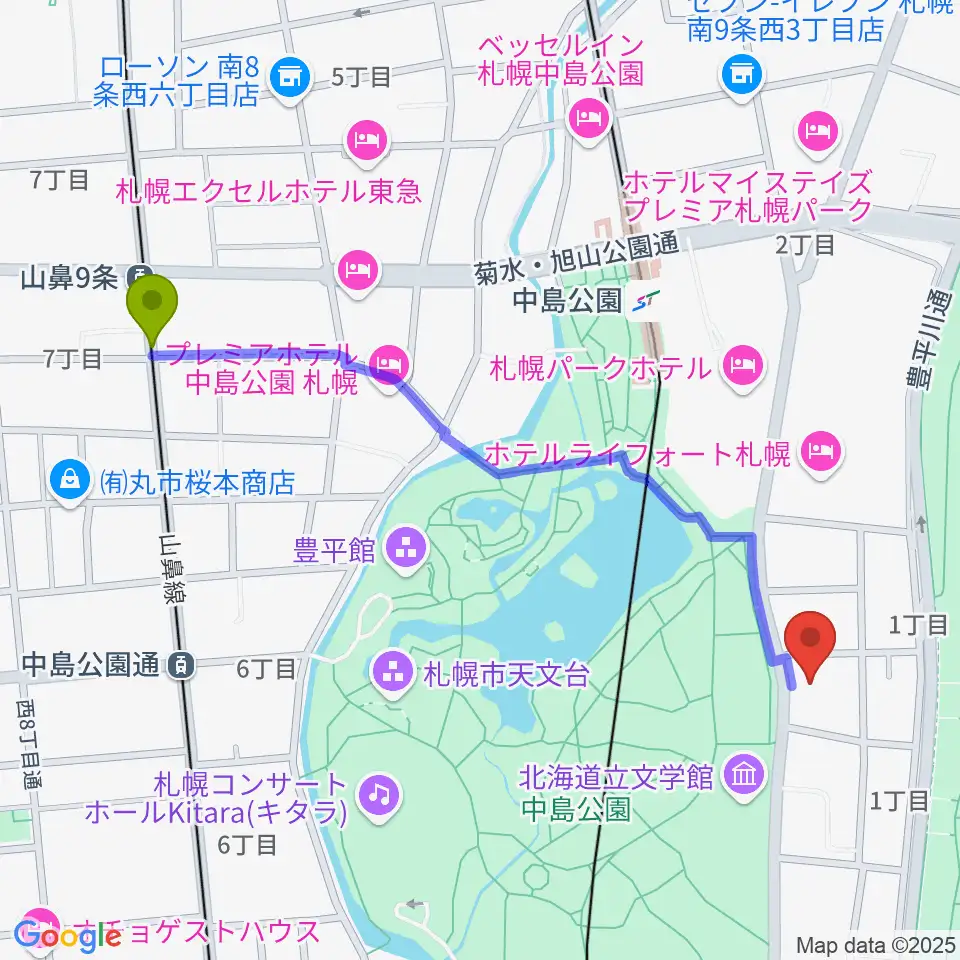 山鼻９条駅から扇谷記念スタジオ・シアターZOOへのルートマップ地図