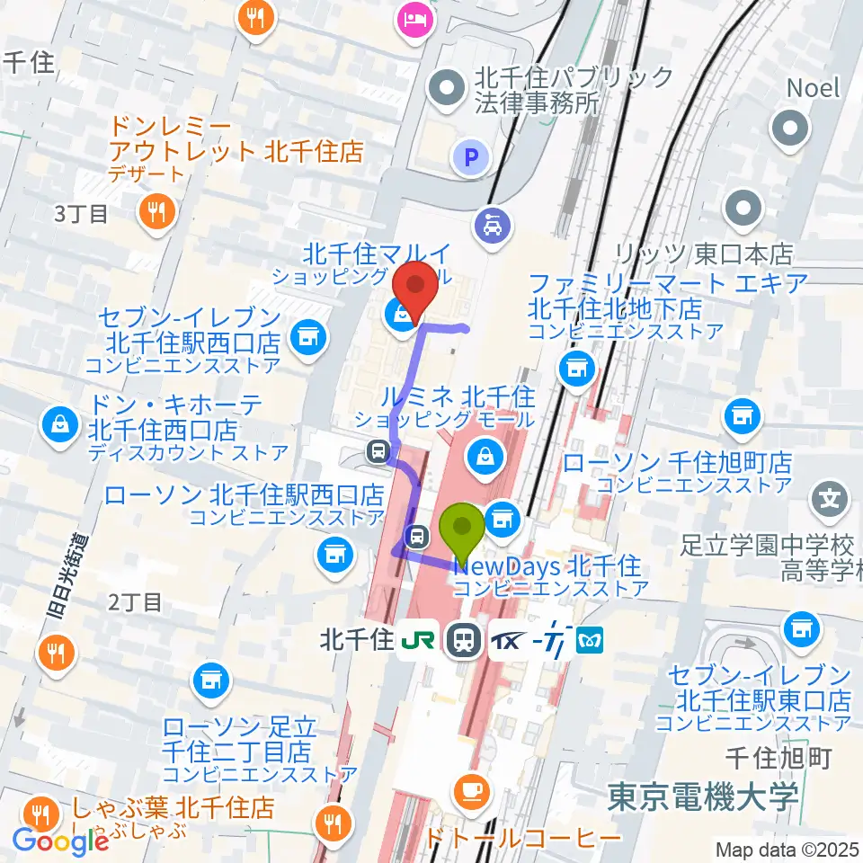 北千住シアター1010の最寄駅北千住駅からの徒歩ルート（約2分）地図