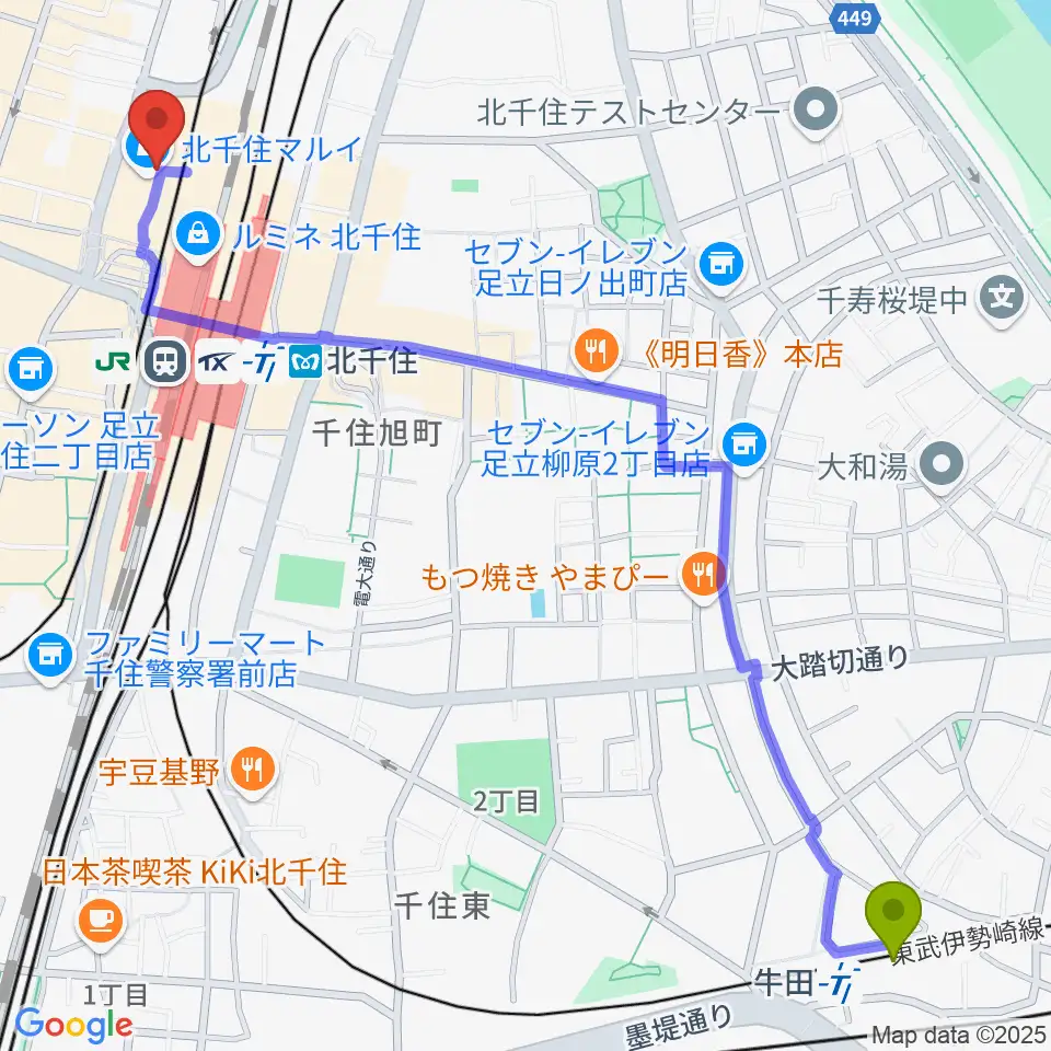 牛田駅から北千住シアター1010へのルートマップ地図