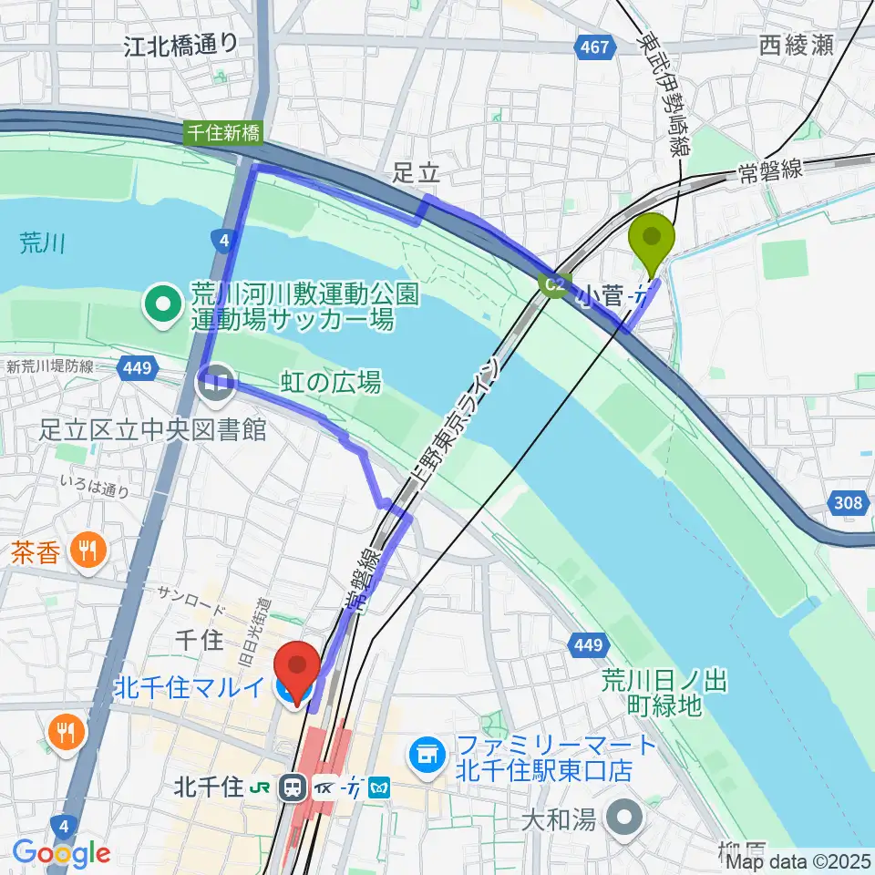 小菅駅から北千住シアター1010へのルートマップ地図
