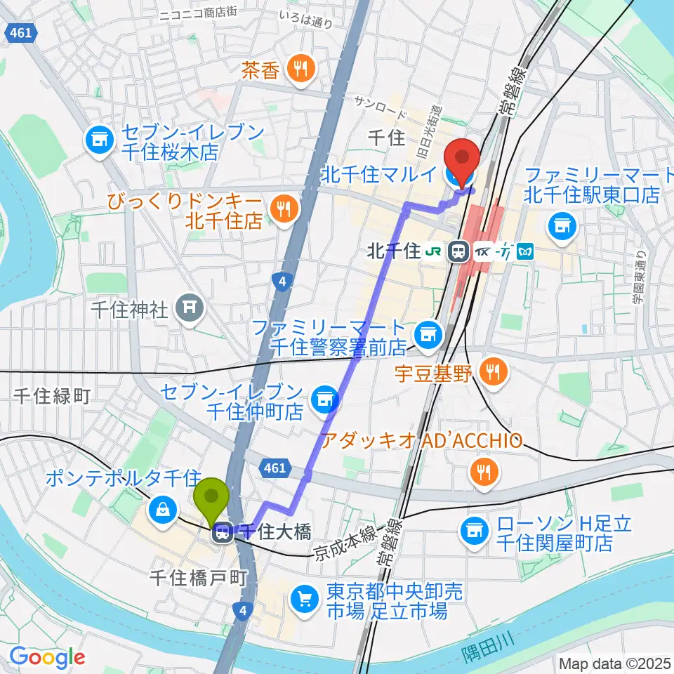 千住大橋駅から北千住シアター1010へのルートマップ地図