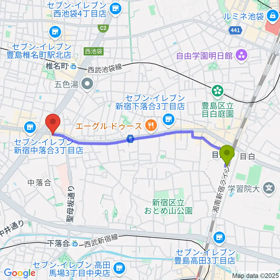目白駅からシアター風姿花伝へのルートマップ地図
