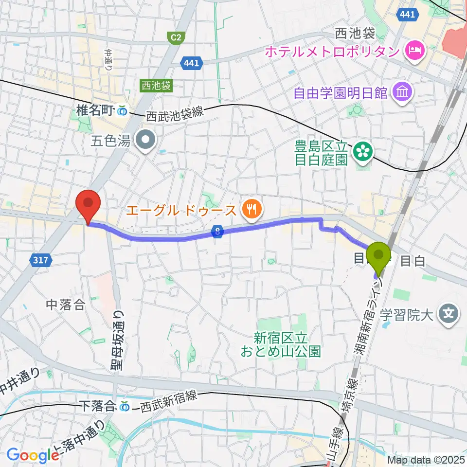 目白駅からシアター風姿花伝へのルートマップ地図