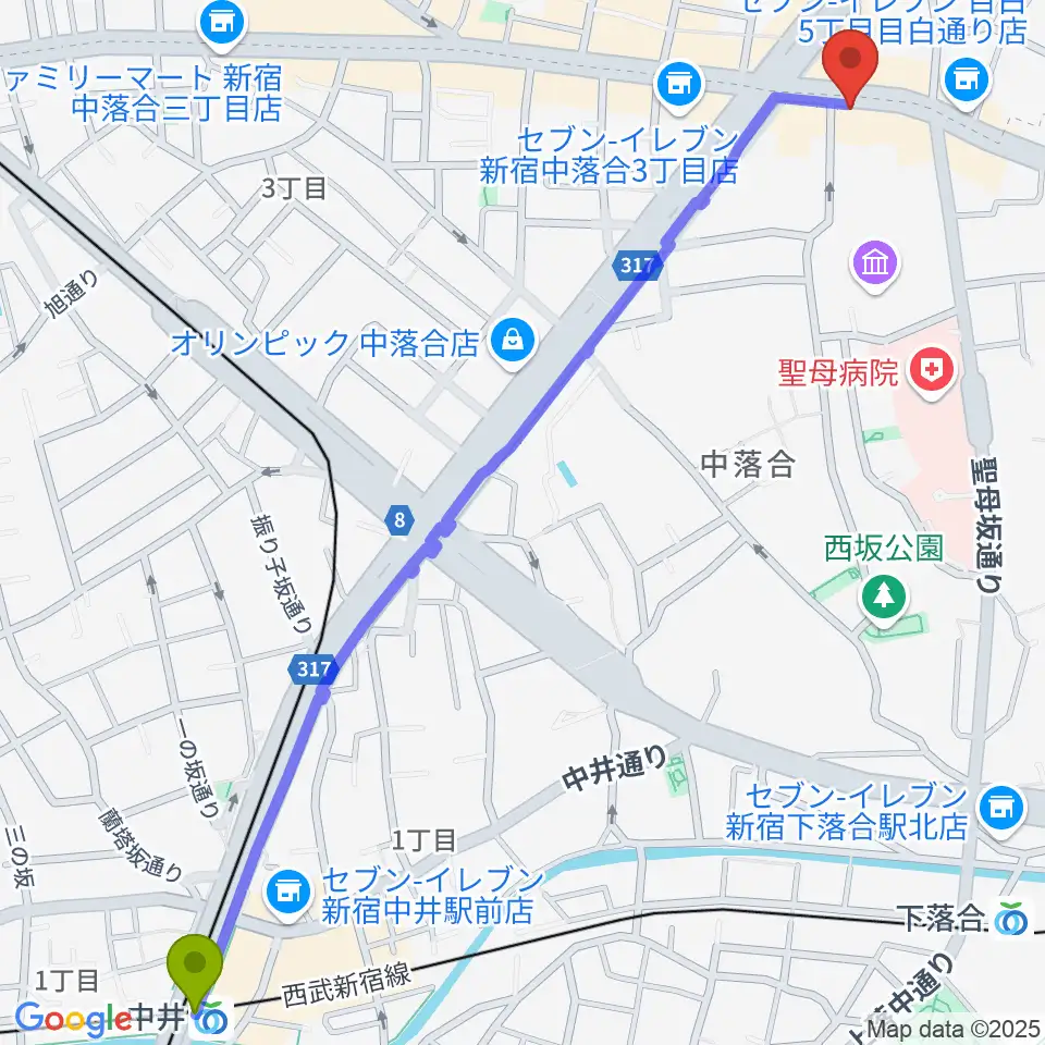 中井駅からシアター風姿花伝へのルートマップ地図