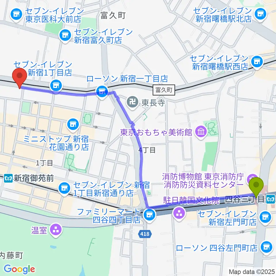 四谷三丁目駅から新宿シアターブラッツへのルートマップ地図