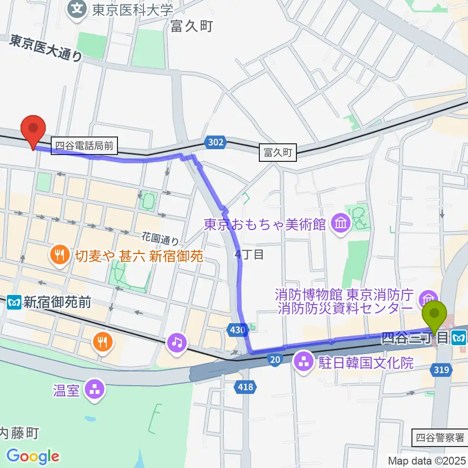 四谷三丁目駅から新宿シアターブラッツへのルートマップ地図