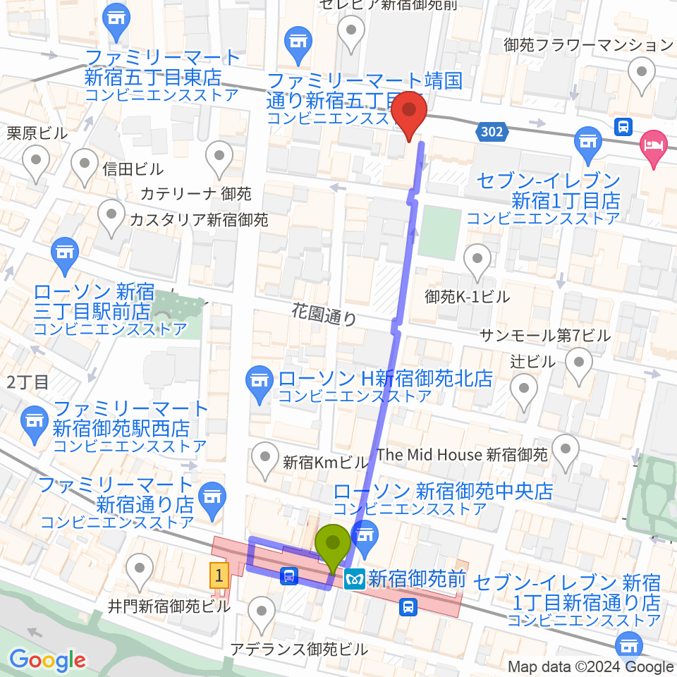 新宿シアターブラッツの最寄駅新宿御苑前駅からの徒歩ルート（約5分）地図