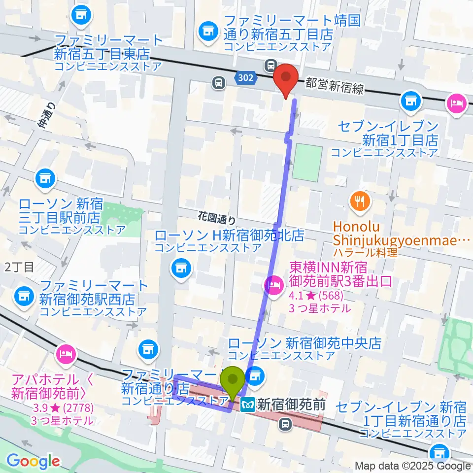 新宿シアターブラッツの最寄駅新宿御苑前駅からの徒歩ルート（約5分）地図