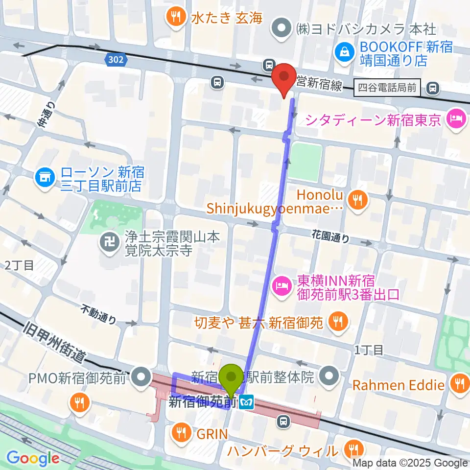 新宿シアターブラッツの最寄駅新宿御苑前駅からの徒歩ルート（約5分）地図