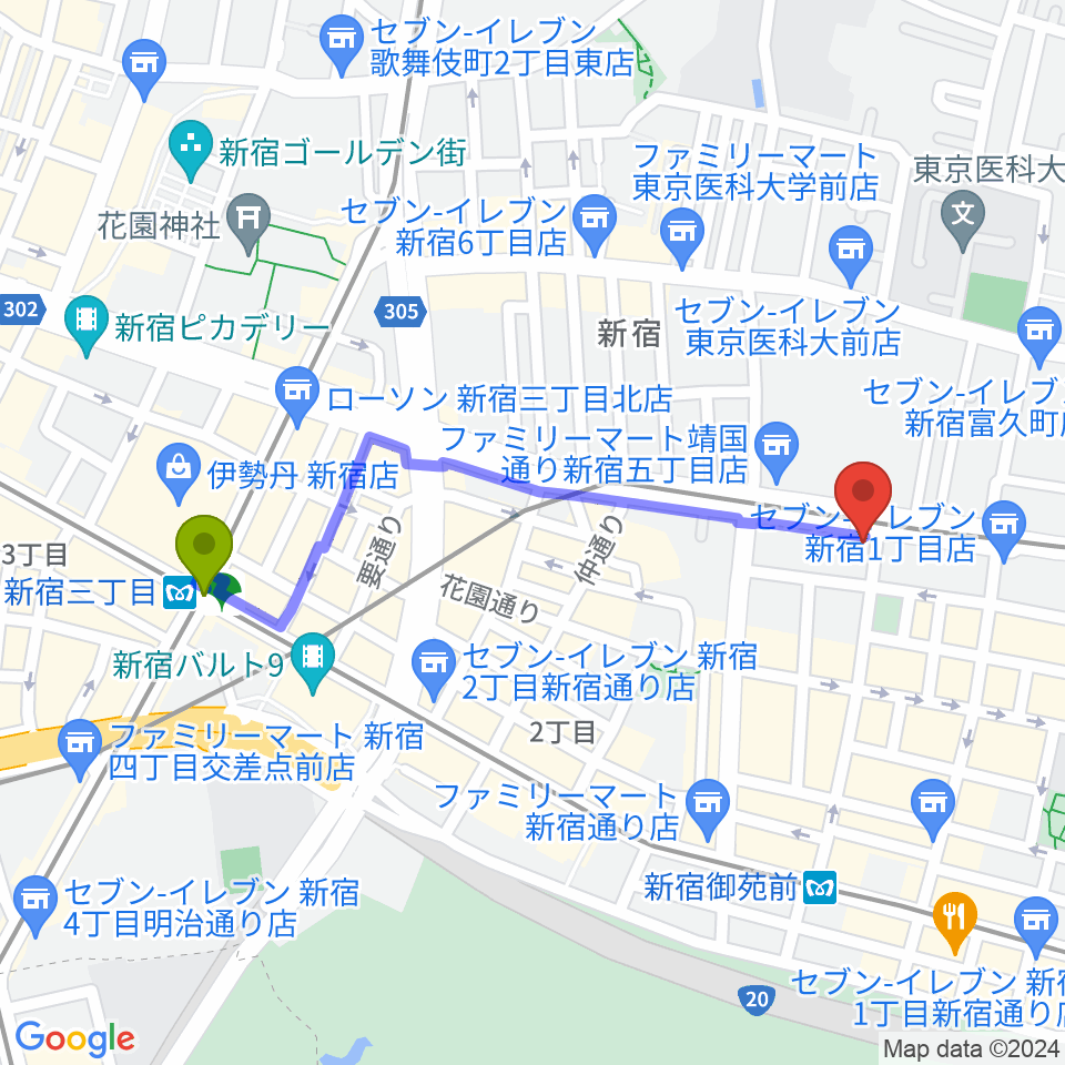 新宿三丁目駅から新宿シアターブラッツへのルートマップ地図