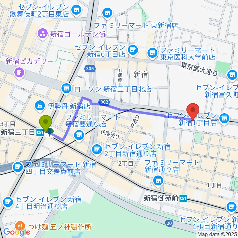 新宿三丁目駅から新宿シアターブラッツへのルートマップ地図