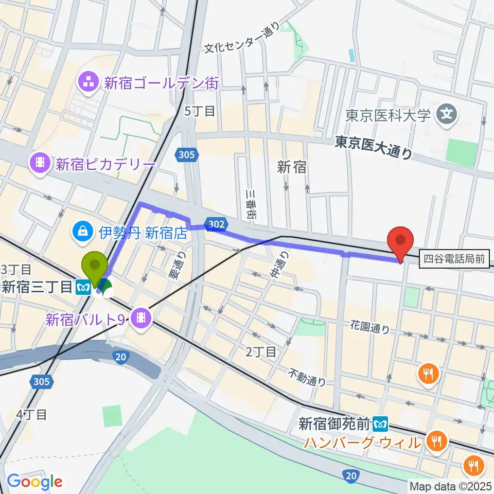 新宿三丁目駅から新宿シアターブラッツへのルートマップ地図