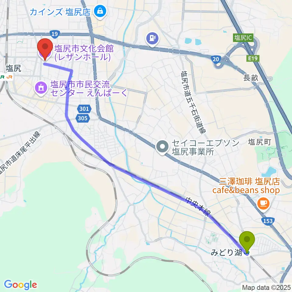 みどり湖駅から塩尻市文化会館レザンホールへのルートマップ地図