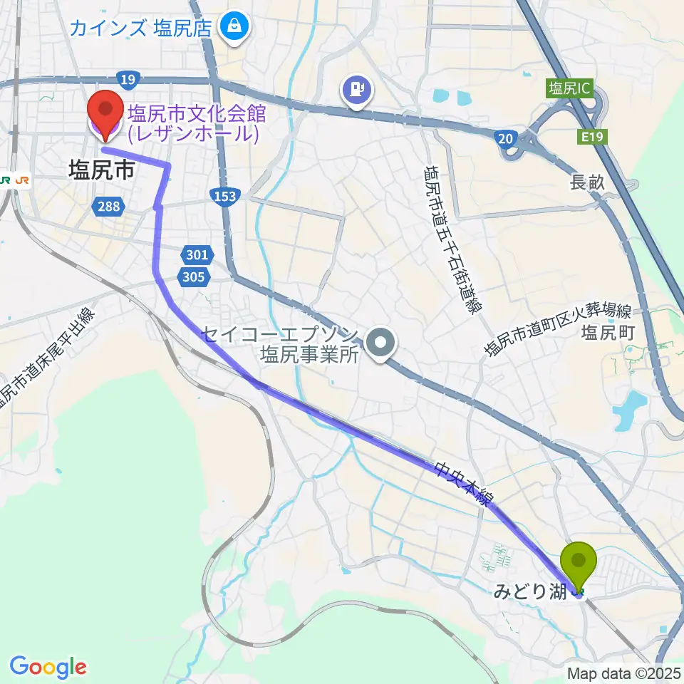みどり湖駅から塩尻市文化会館レザンホールへのルートマップ地図