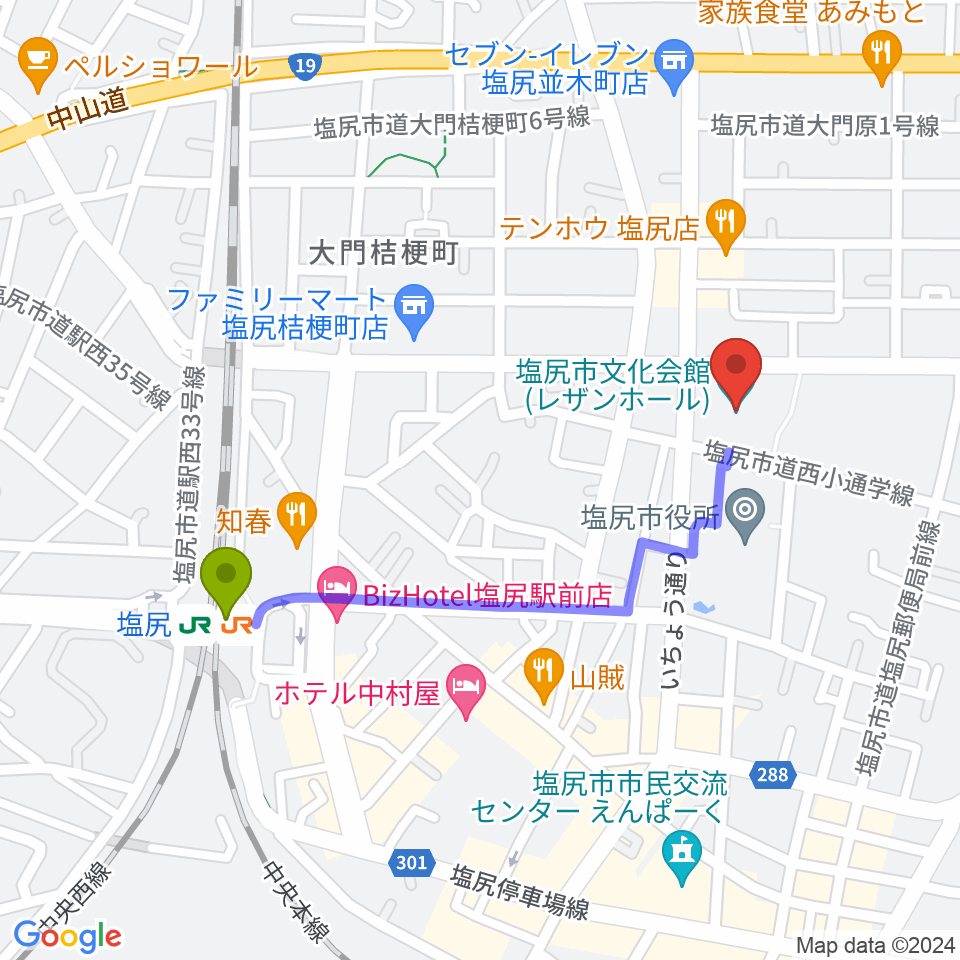 塩尻市文化会館レザンホールの最寄駅塩尻駅からの徒歩ルート（約9分）地図
