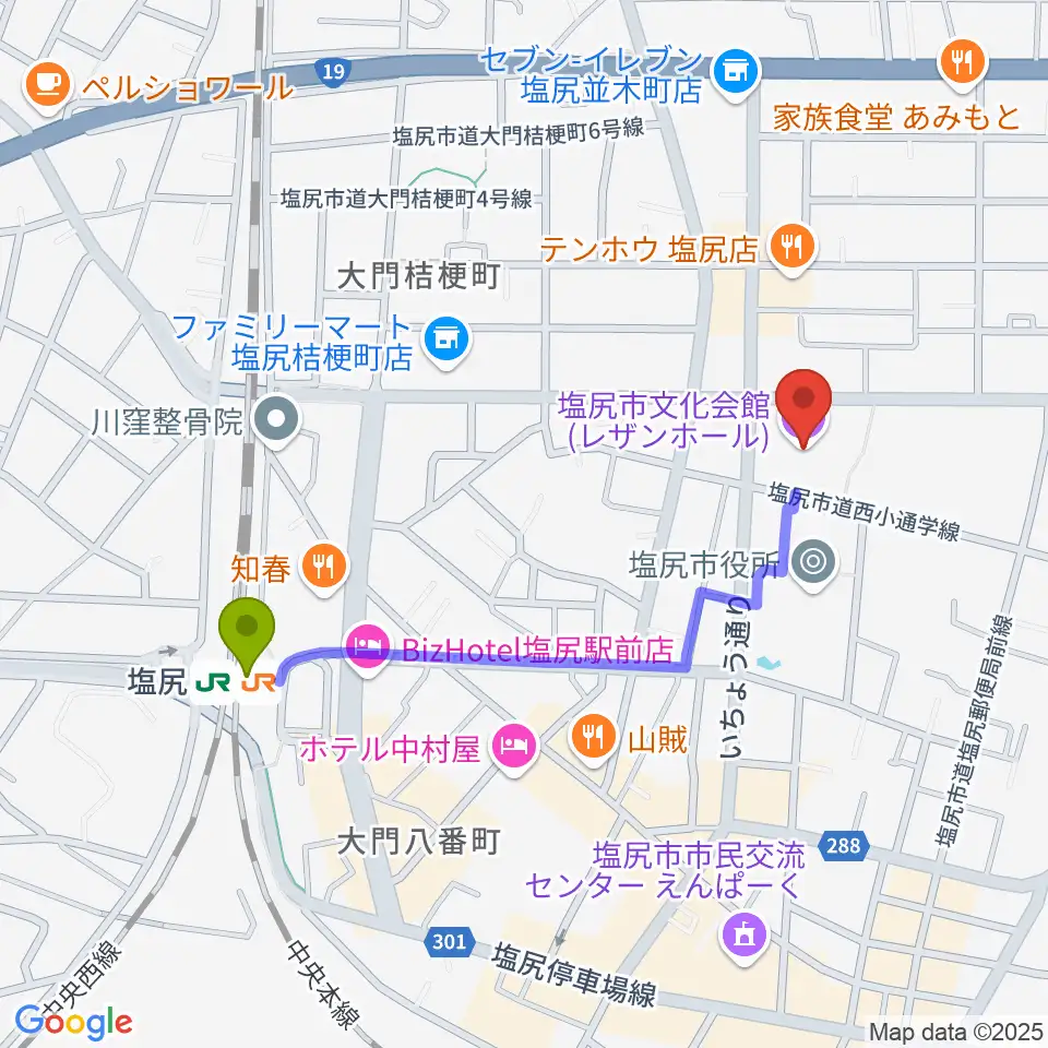 塩尻市文化会館レザンホールの最寄駅塩尻駅からの徒歩ルート（約9分）地図