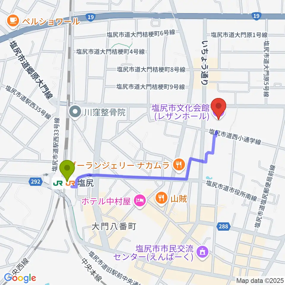 塩尻市文化会館レザンホールの最寄駅塩尻駅からの徒歩ルート（約9分）地図