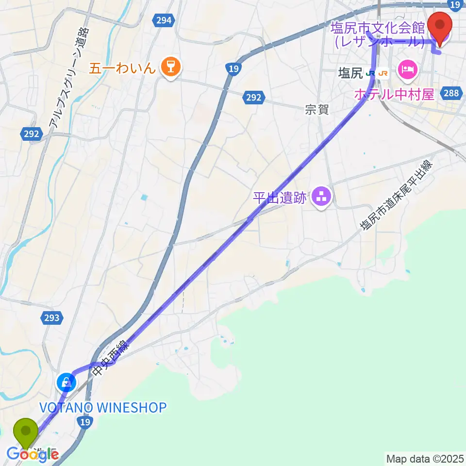 洗馬駅から塩尻市文化会館レザンホールへのルートマップ地図