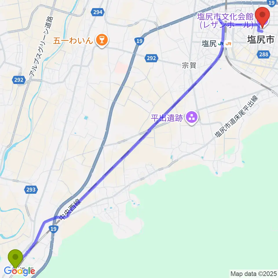 洗馬駅から塩尻市文化会館レザンホールへのルートマップ地図