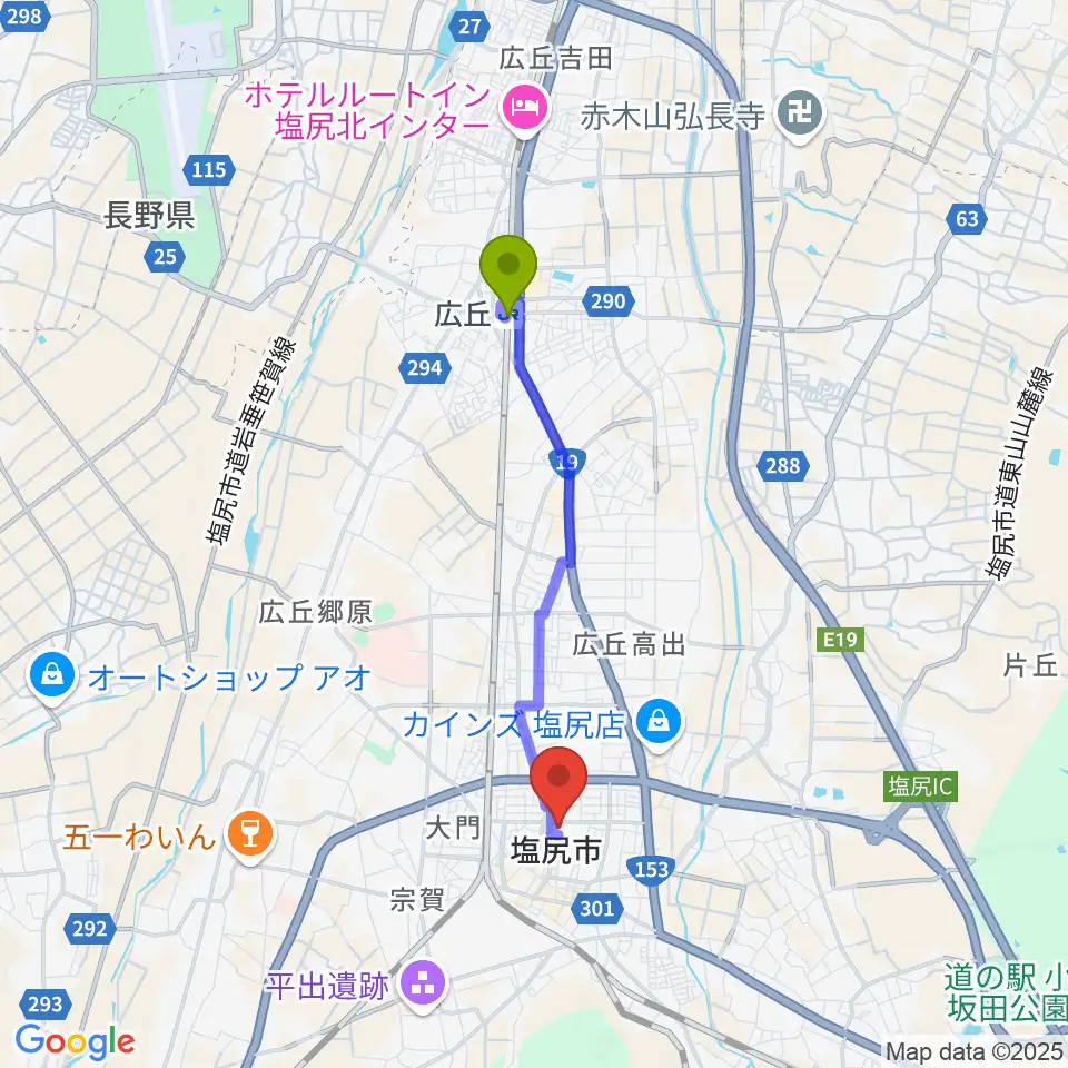 広丘駅から塩尻市文化会館レザンホールへのルートマップ地図
