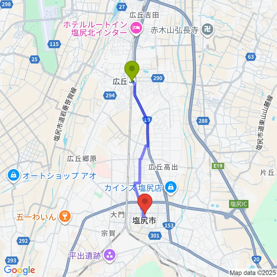 広丘駅から塩尻市文化会館レザンホールへのルートマップ地図