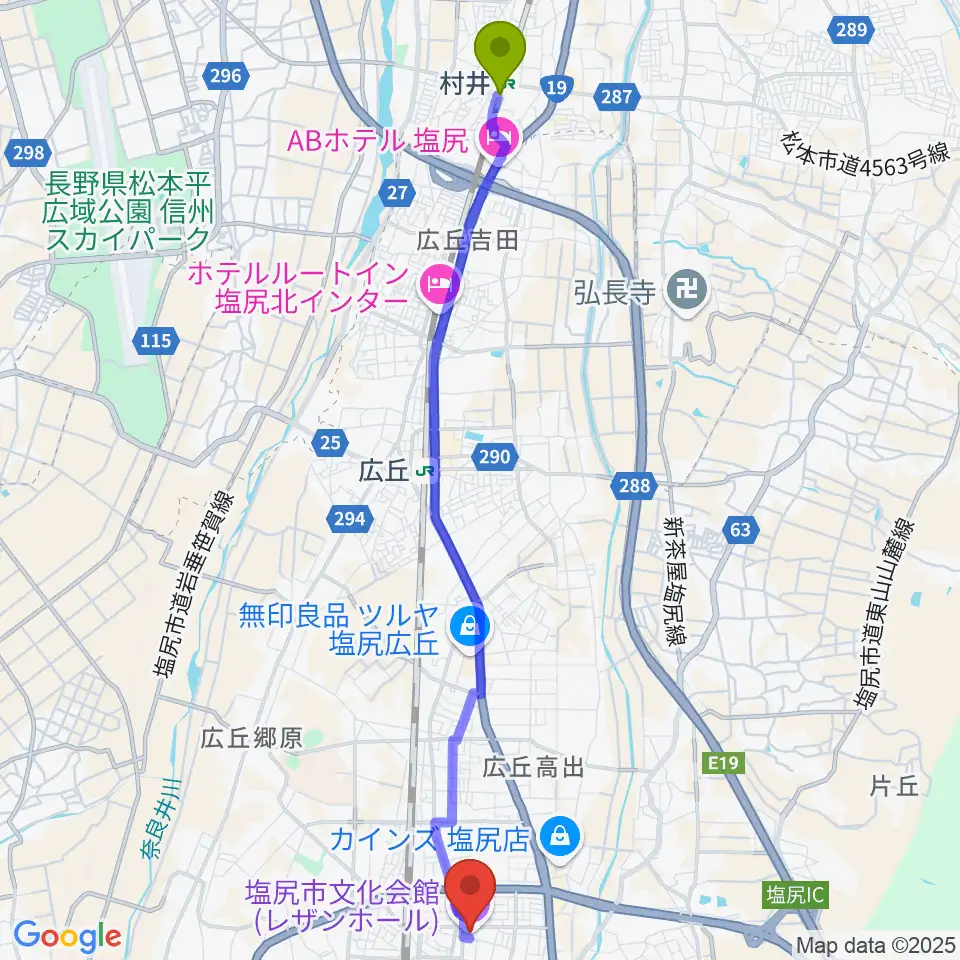 村井駅から塩尻市文化会館レザンホールへのルートマップ地図