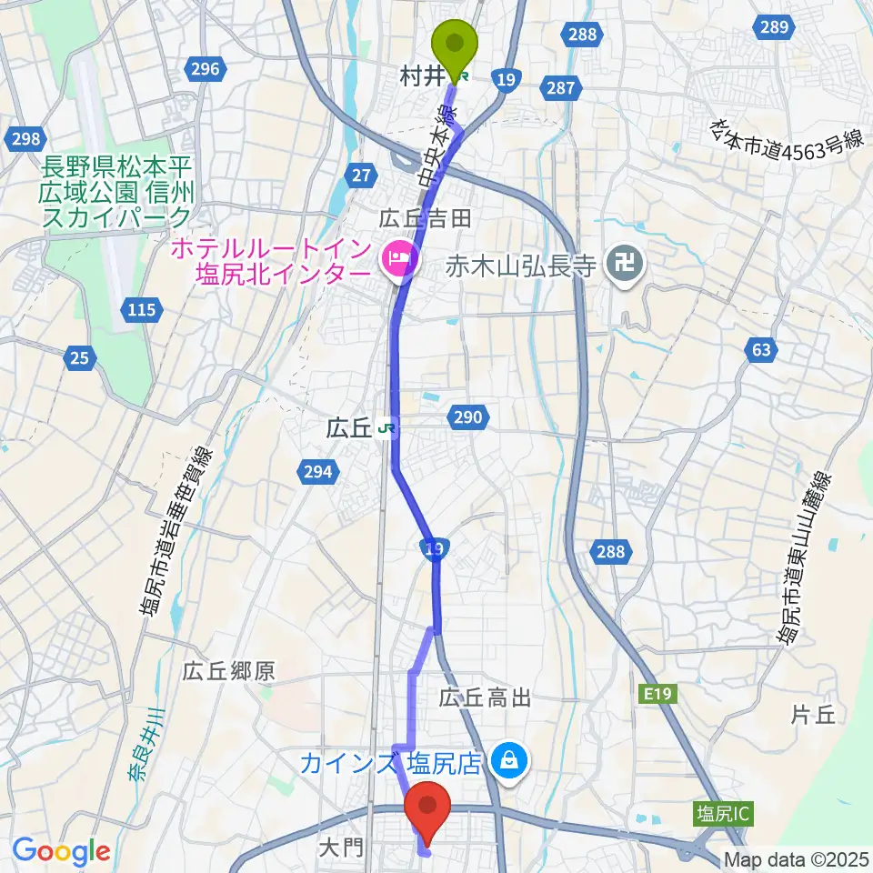 村井駅から塩尻市文化会館レザンホールへのルートマップ地図