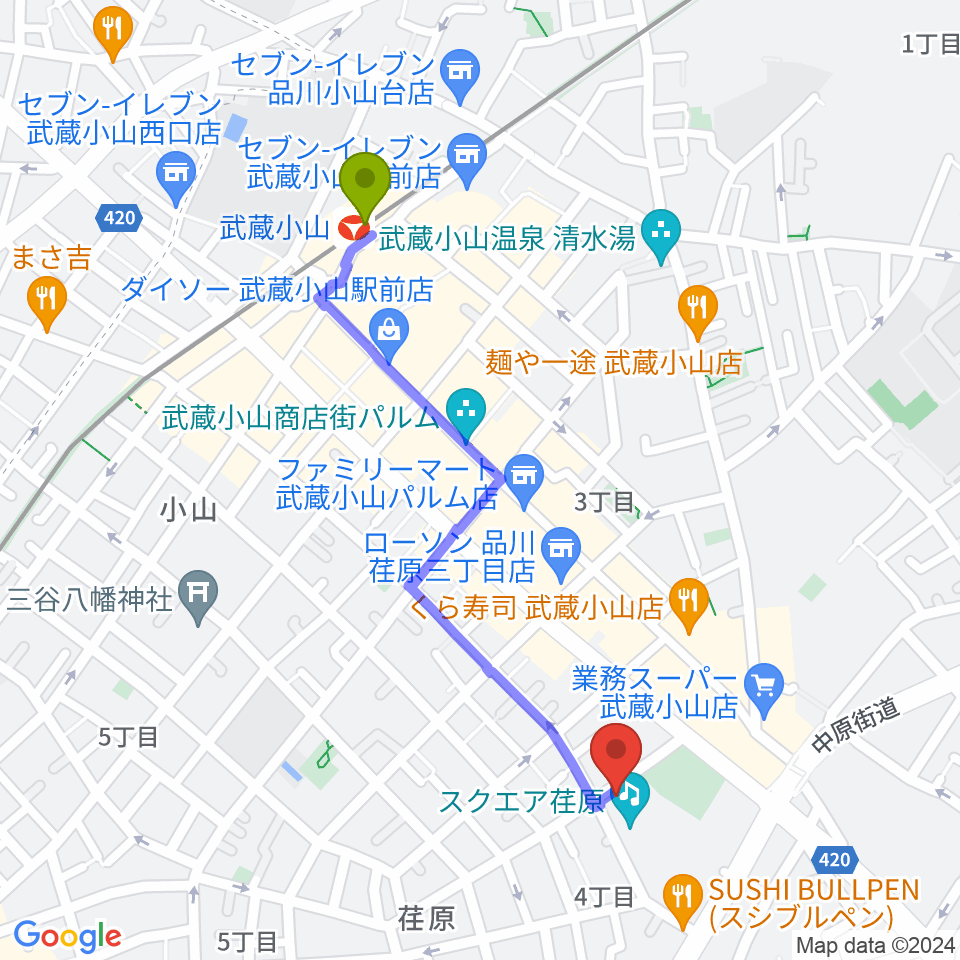 スクエア荏原 ひらつかホールの最寄駅武蔵小山駅からの徒歩ルート（約10分）地図