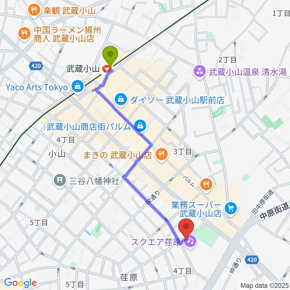 スクエア荏原 ひらつかホールの最寄駅武蔵小山駅からの徒歩ルート（約10分）地図