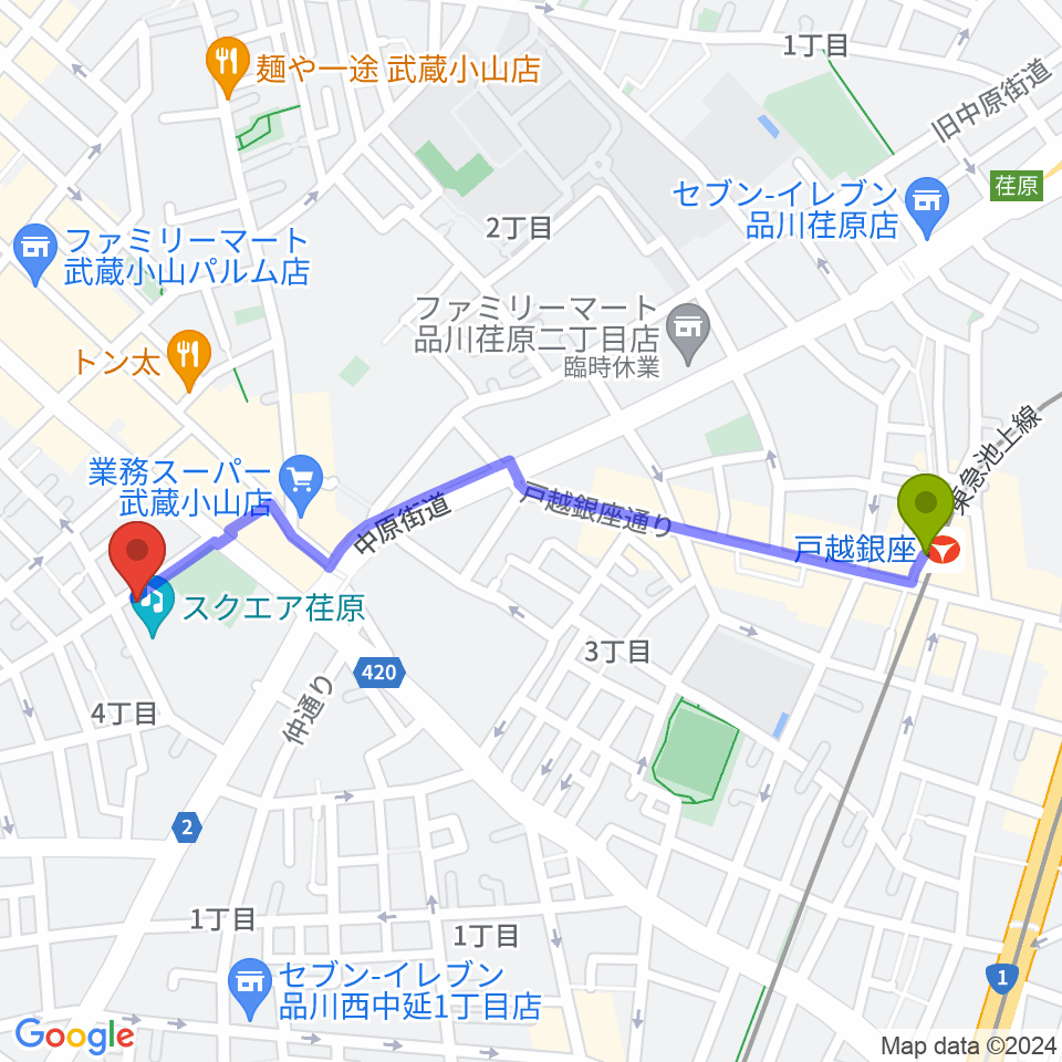 戸越銀座駅からスクエア荏原 ひらつかホールへのルートマップ地図