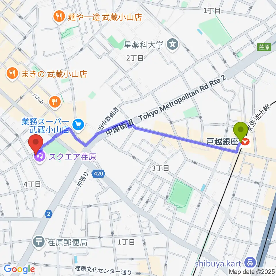 戸越銀座駅からスクエア荏原 ひらつかホールへのルートマップ地図