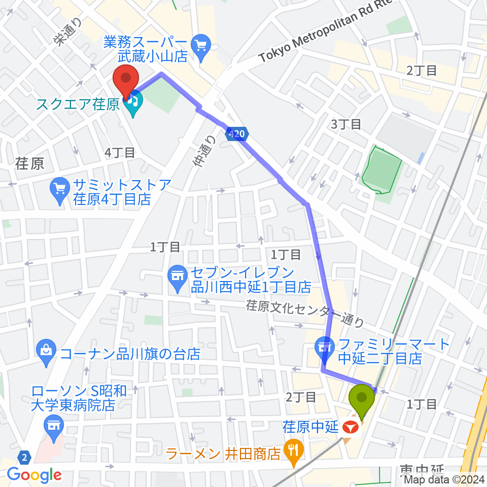 荏原中延駅からスクエア荏原 ひらつかホールへのルートマップ地図