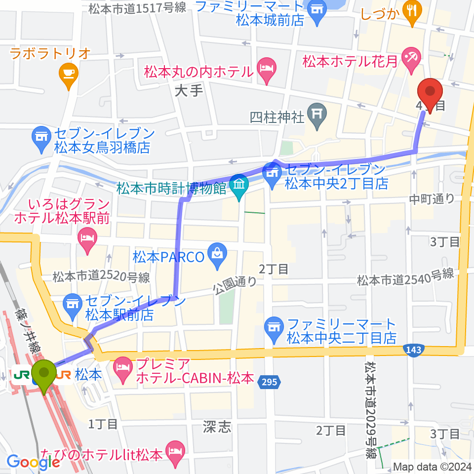 上土劇場の最寄駅松本駅からの徒歩ルート（約16分）地図