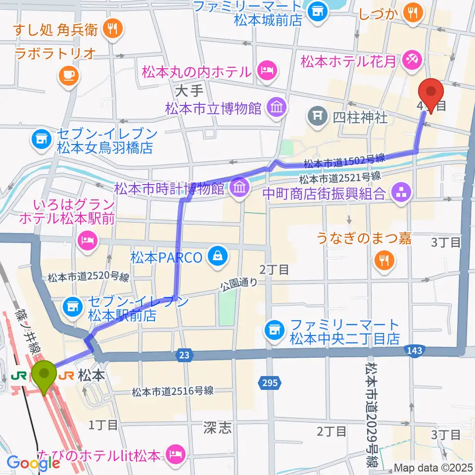 上土劇場の最寄駅松本駅からの徒歩ルート（約16分）地図