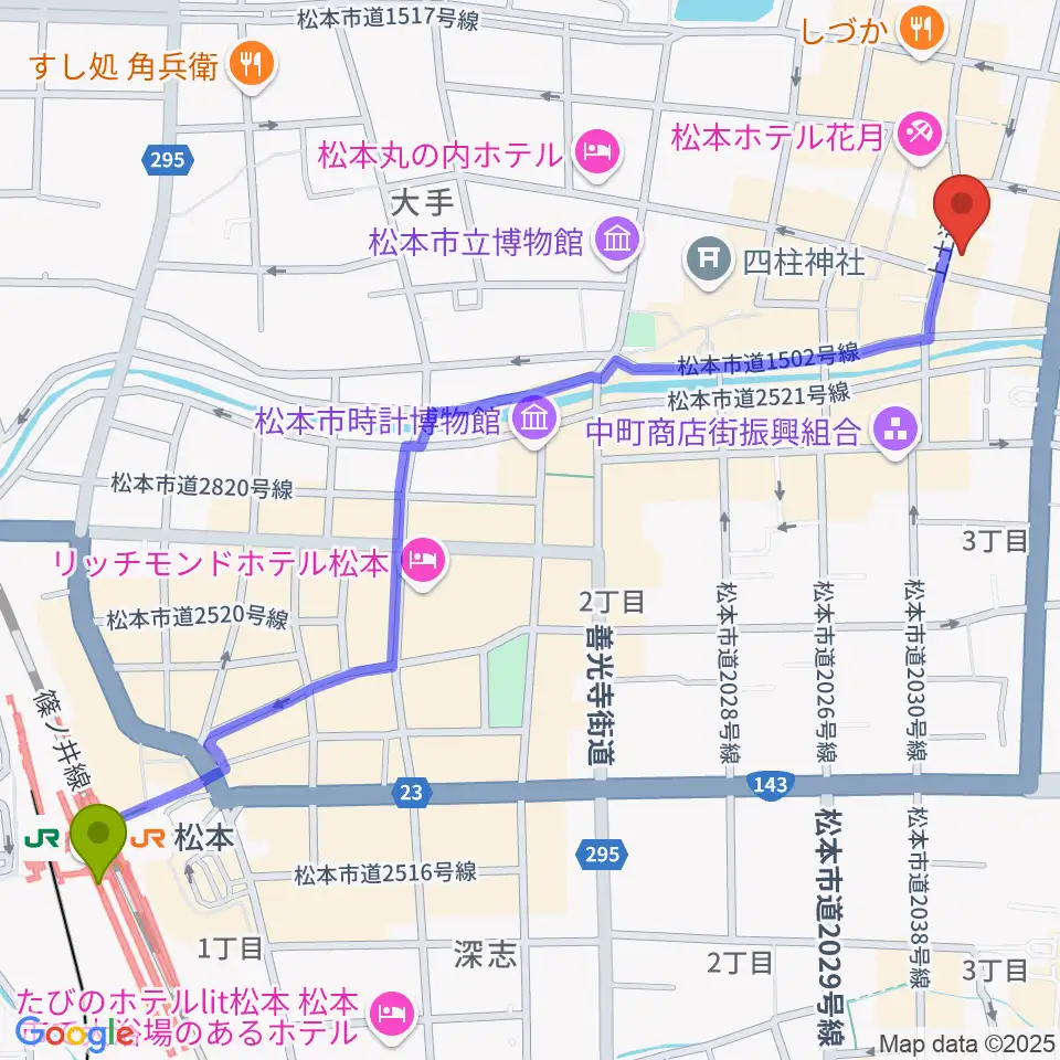 上土劇場の最寄駅松本駅からの徒歩ルート（約16分）地図