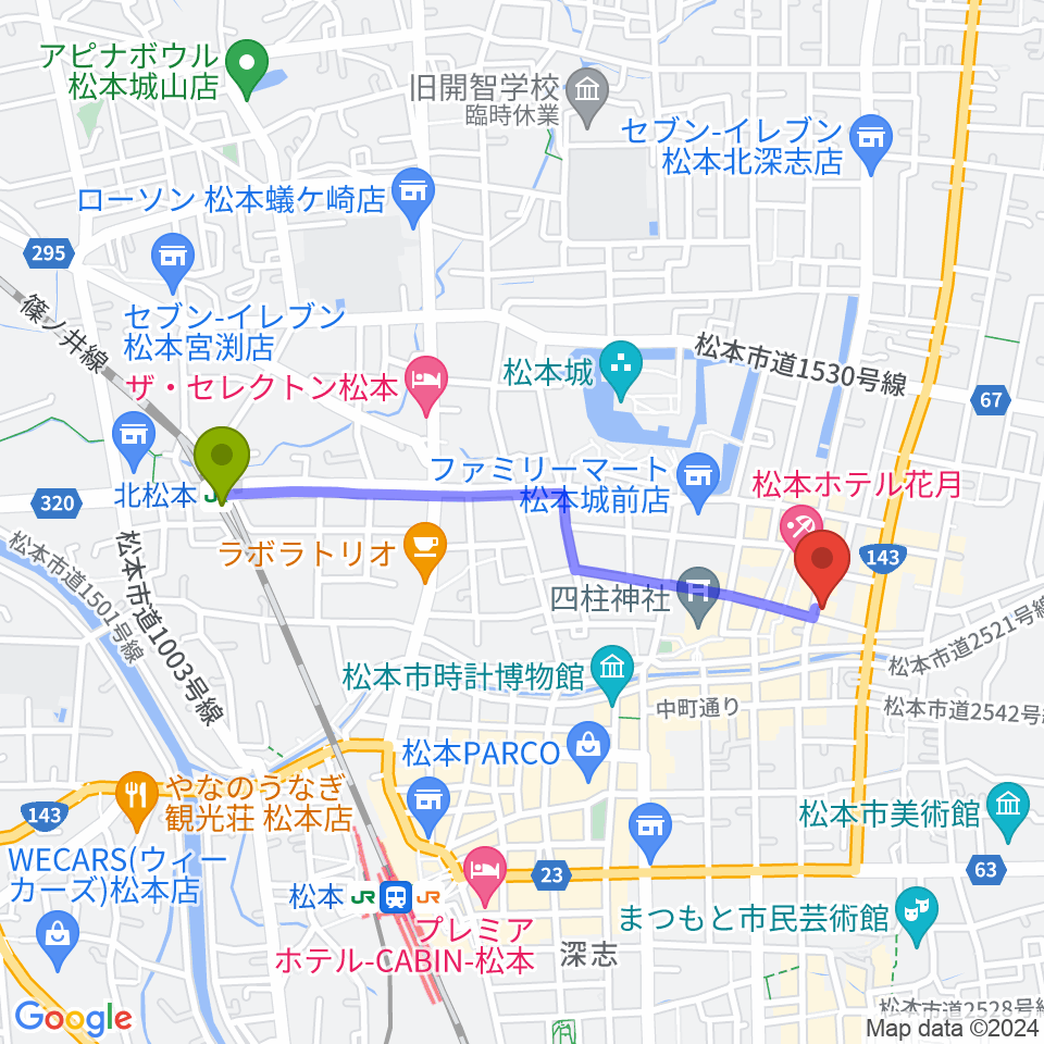 北松本駅から上土劇場へのルートマップ地図