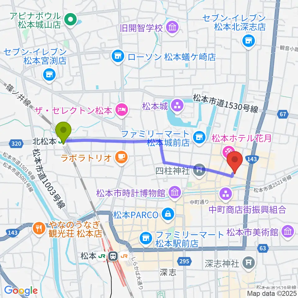 北松本駅から上土劇場へのルートマップ地図