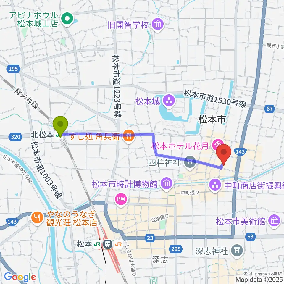 北松本駅から上土劇場へのルートマップ地図
