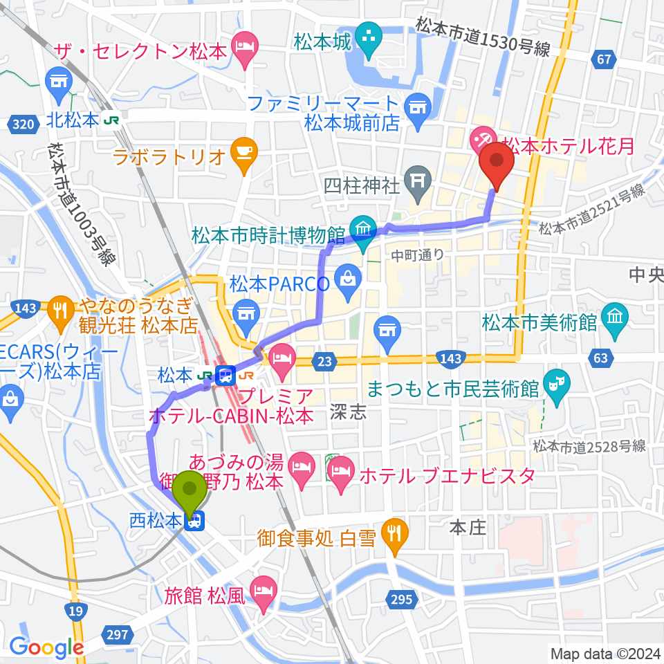 西松本駅から上土劇場へのルートマップ地図