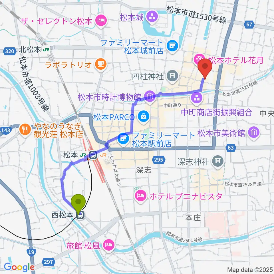 西松本駅から上土劇場へのルートマップ地図