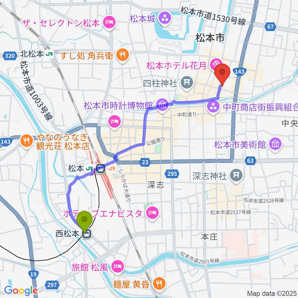 西松本駅から上土劇場へのルートマップ地図