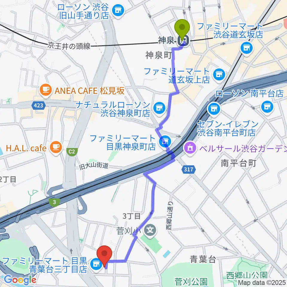 神泉駅から澤田勝成 津軽三味線教室へのルートマップ地図