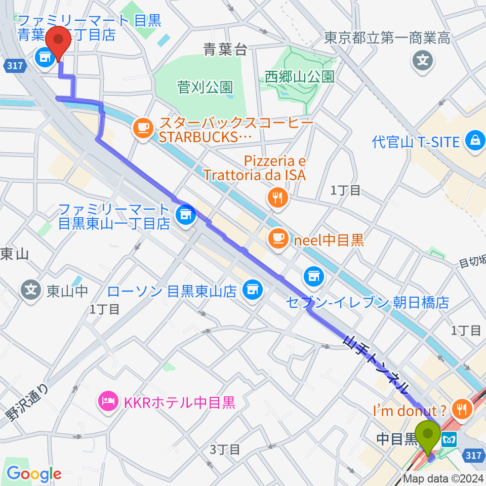 中目黒駅から澤田勝成 津軽三味線教室へのルートマップ地図