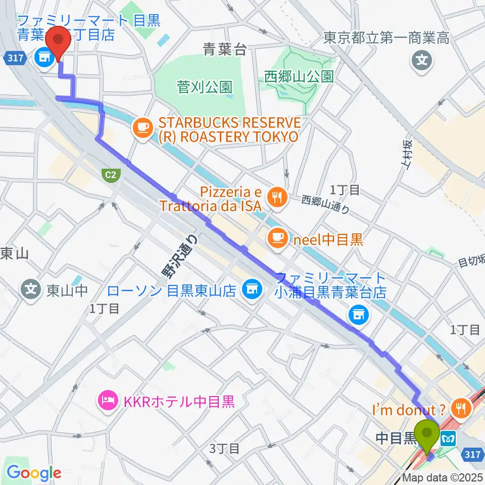 中目黒駅から澤田勝成 津軽三味線教室へのルートマップ地図