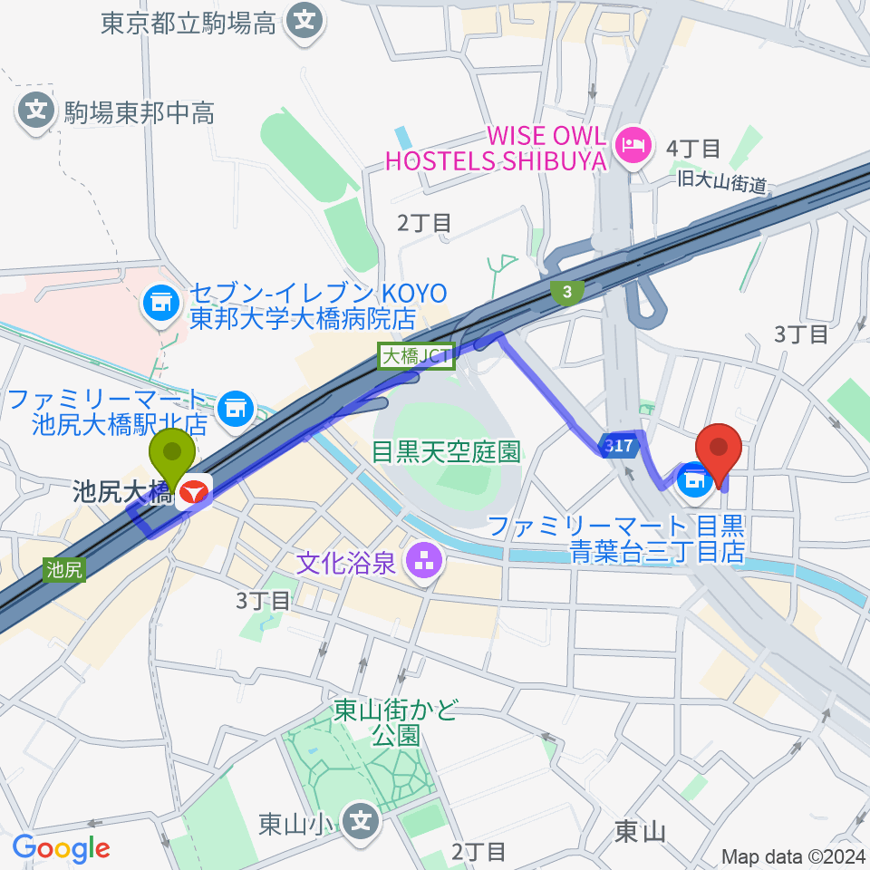 澤田勝成 津軽三味線教室の最寄駅池尻大橋駅からの徒歩ルート（約10分）地図