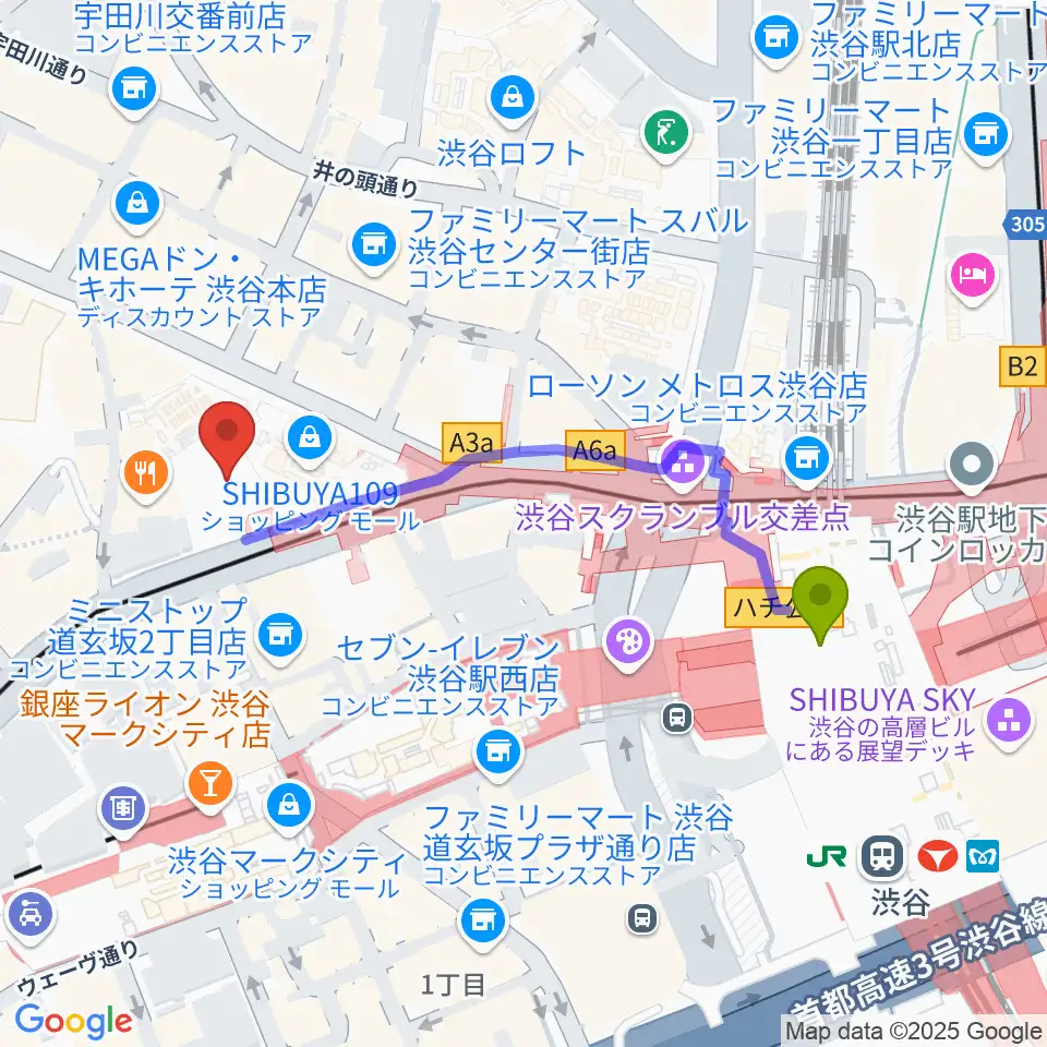 CBGKシブゲキ!!の最寄駅渋谷駅からの徒歩ルート（約5分）地図